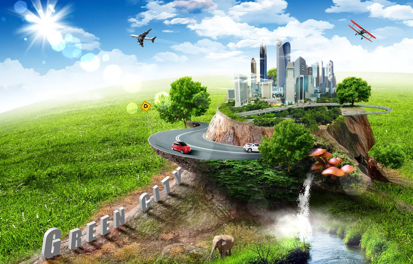 Photo wallpaper road, machine, clouds, river, creative, mushrooms, elephant, building