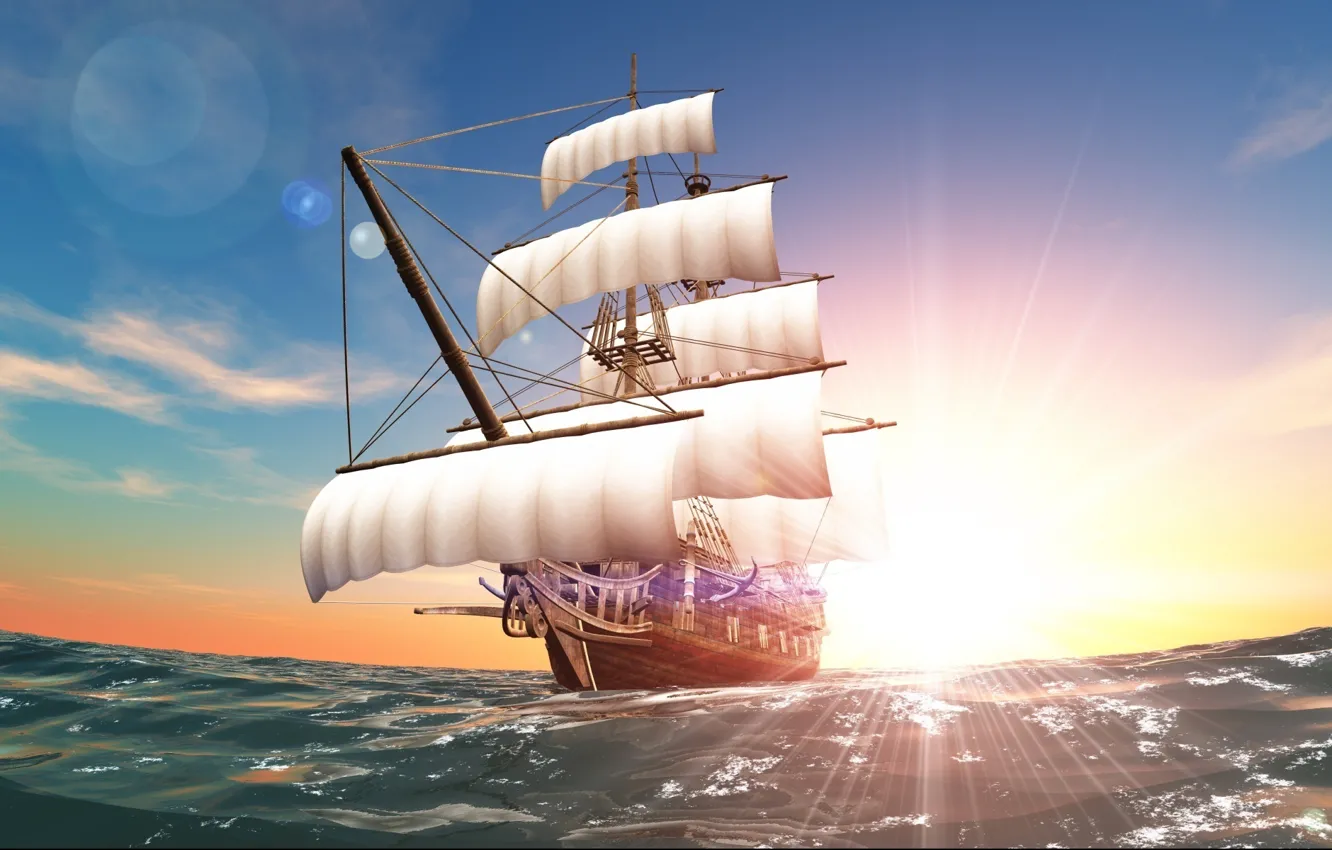 Photo wallpaper the sky, the sun, clouds, sailboat, water.