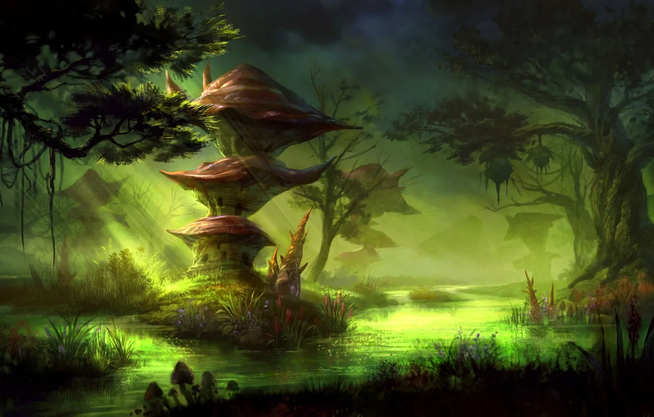 Photo wallpaper forest, lake, tower, structure, Nine communities