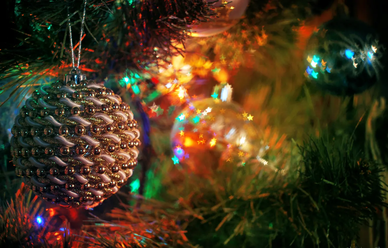 Photo wallpaper holiday, tree, new year, light bulb, Christmas decorations, nastroenie