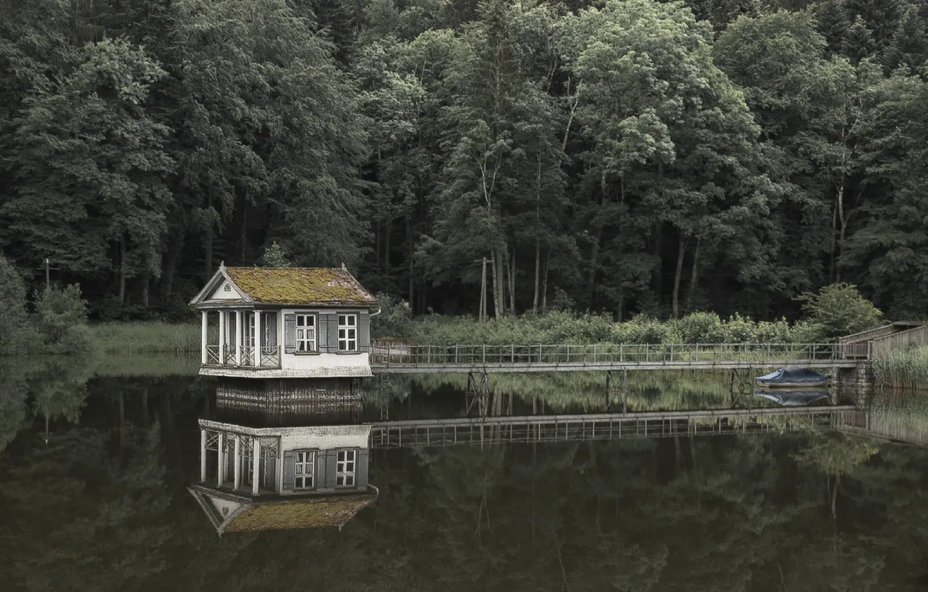 Photo wallpaper bridge, lake, home