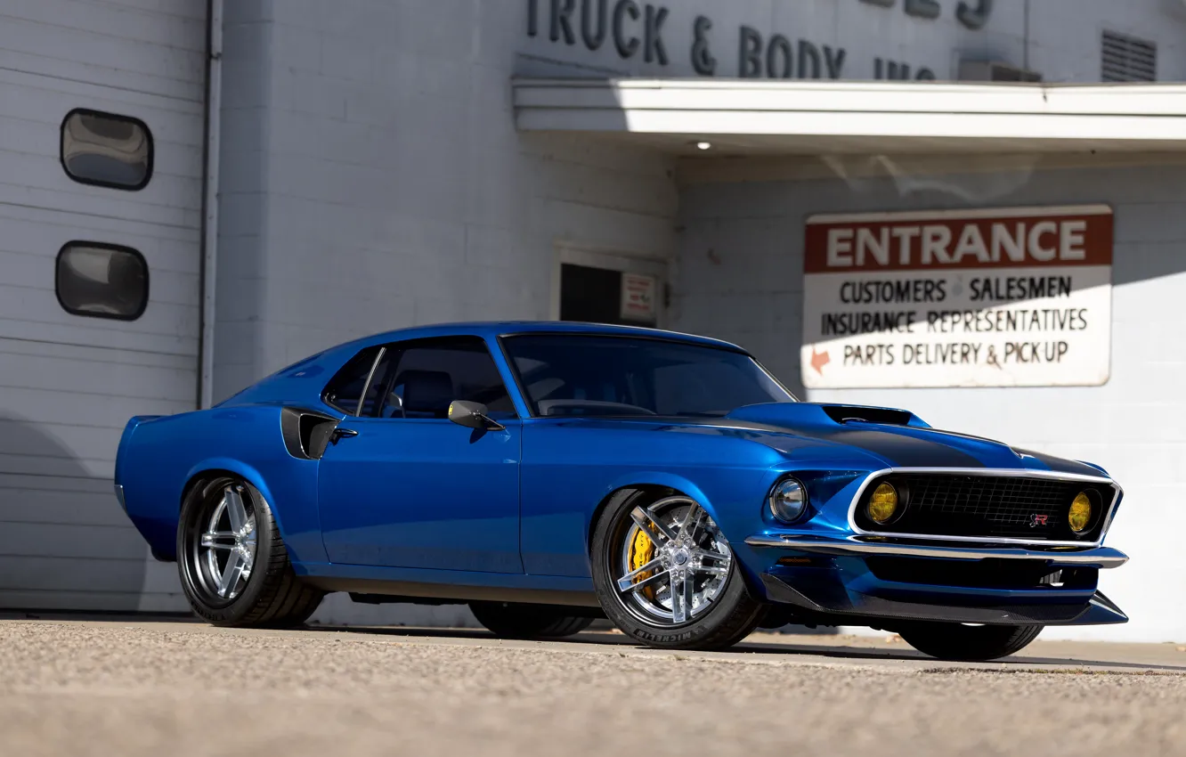 Photo wallpaper Mustang, Ford, 1969, House, Ford Mustang, Blue, SEMA, Ringbrothers