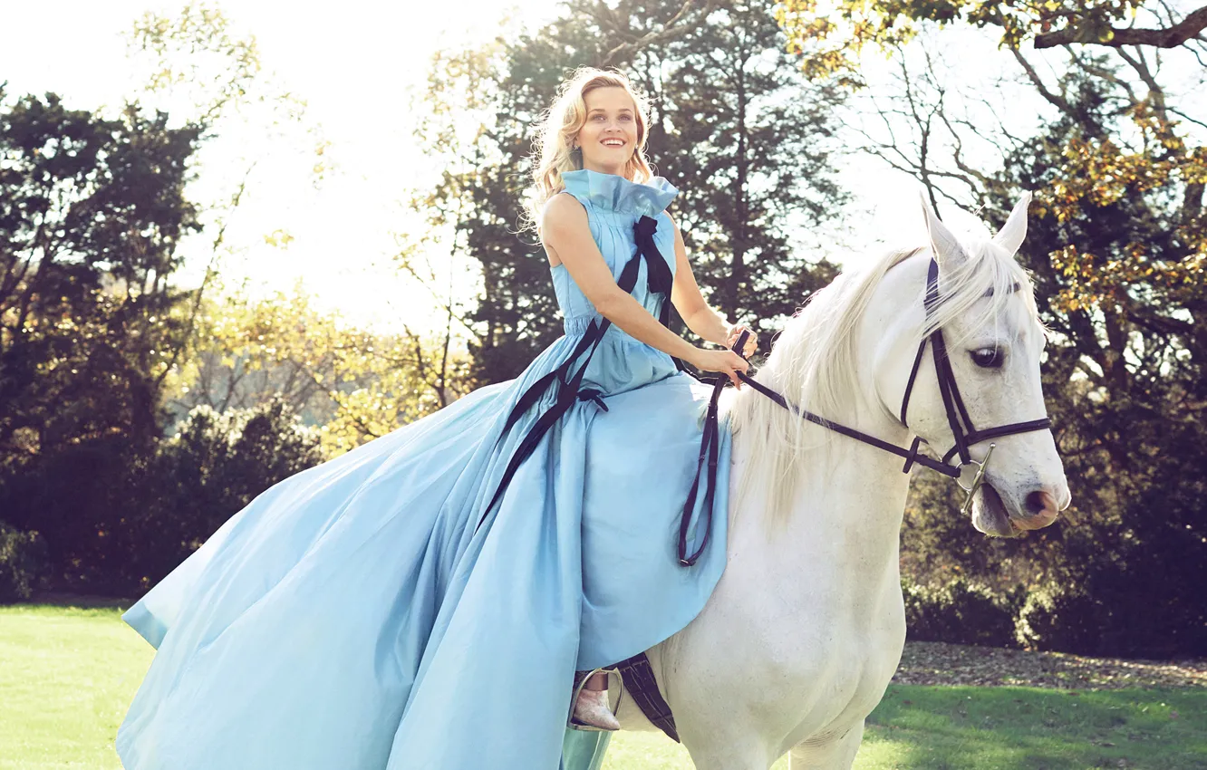 Photo wallpaper white, the sun, trees, smile, lawn, horse, garden, dress