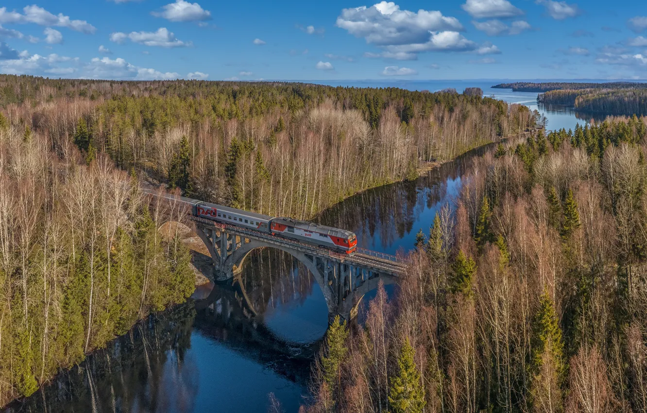 Photo wallpaper forest, landscape, bridge, nature, lake, river, train, Karelia