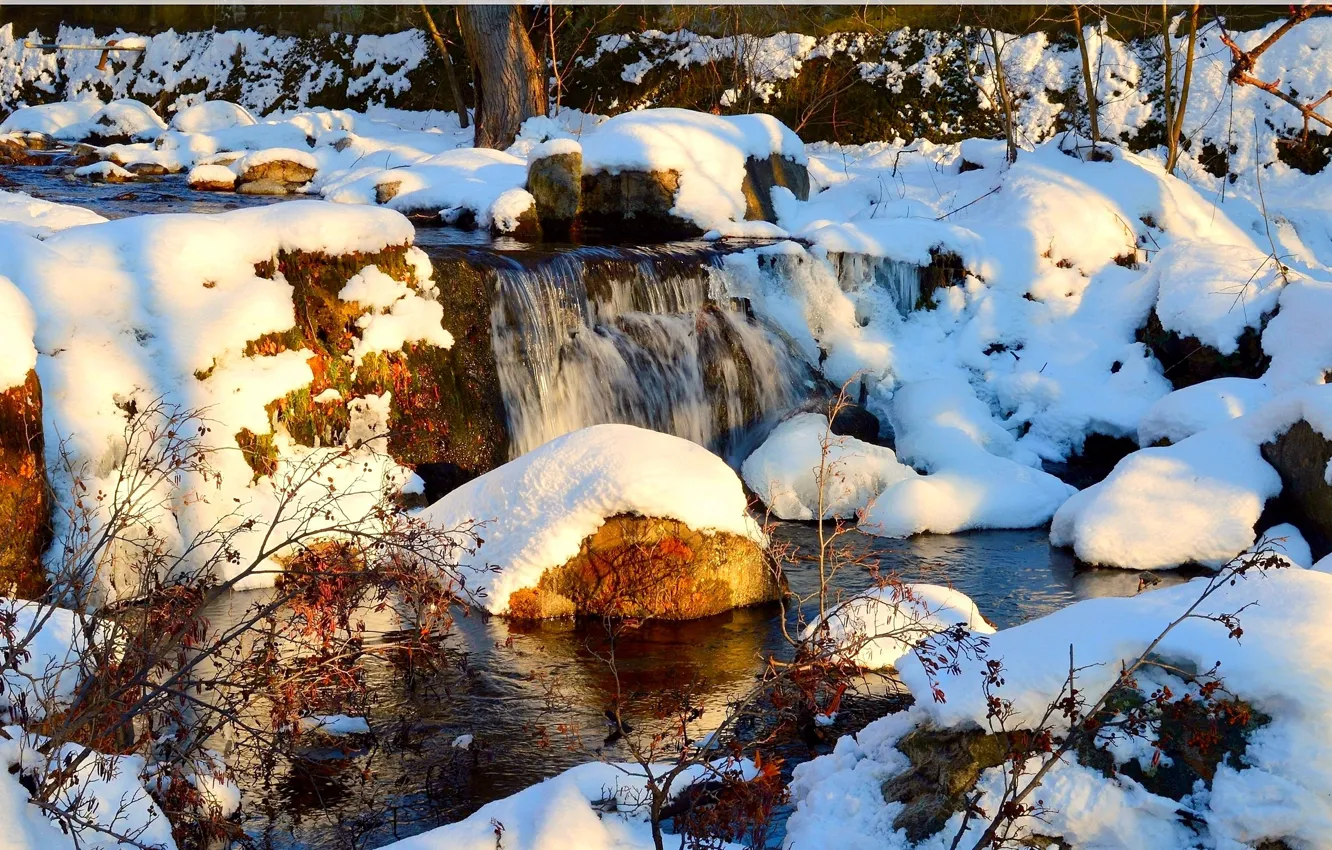 Photo wallpaper Winter, Waterfall, Rocks, Snow, Stones, Winter, Snow, Waterfall