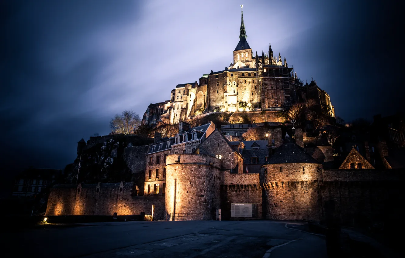 Photo wallpaper night, castle, France, architecture, The Mont-St.-Michel, Basse-Normandie