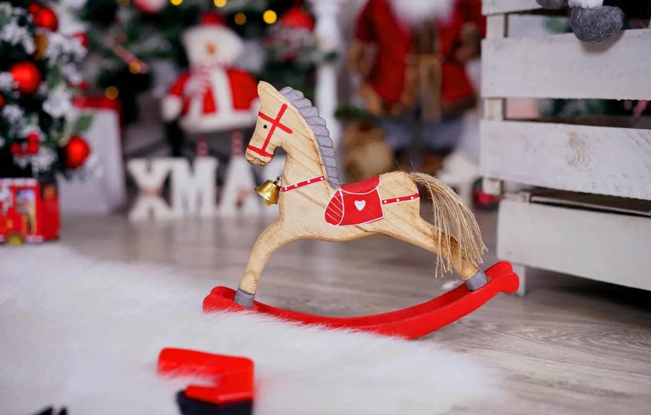 Photo wallpaper winter, room, horse, holiday, horse, toy, Christmas, floor