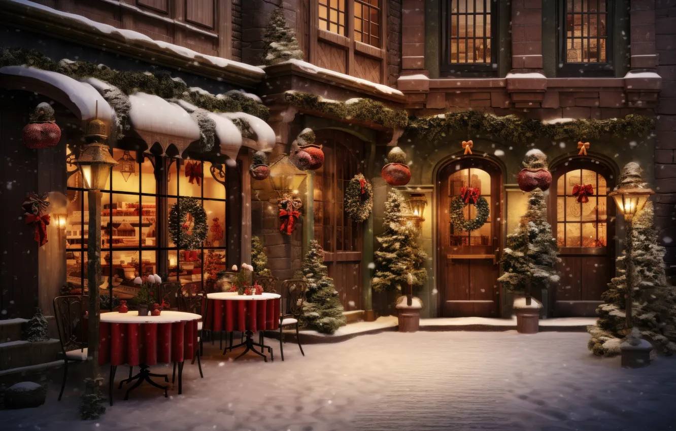 Photo wallpaper winter, snow, decoration, night, the city, lights, street, tree