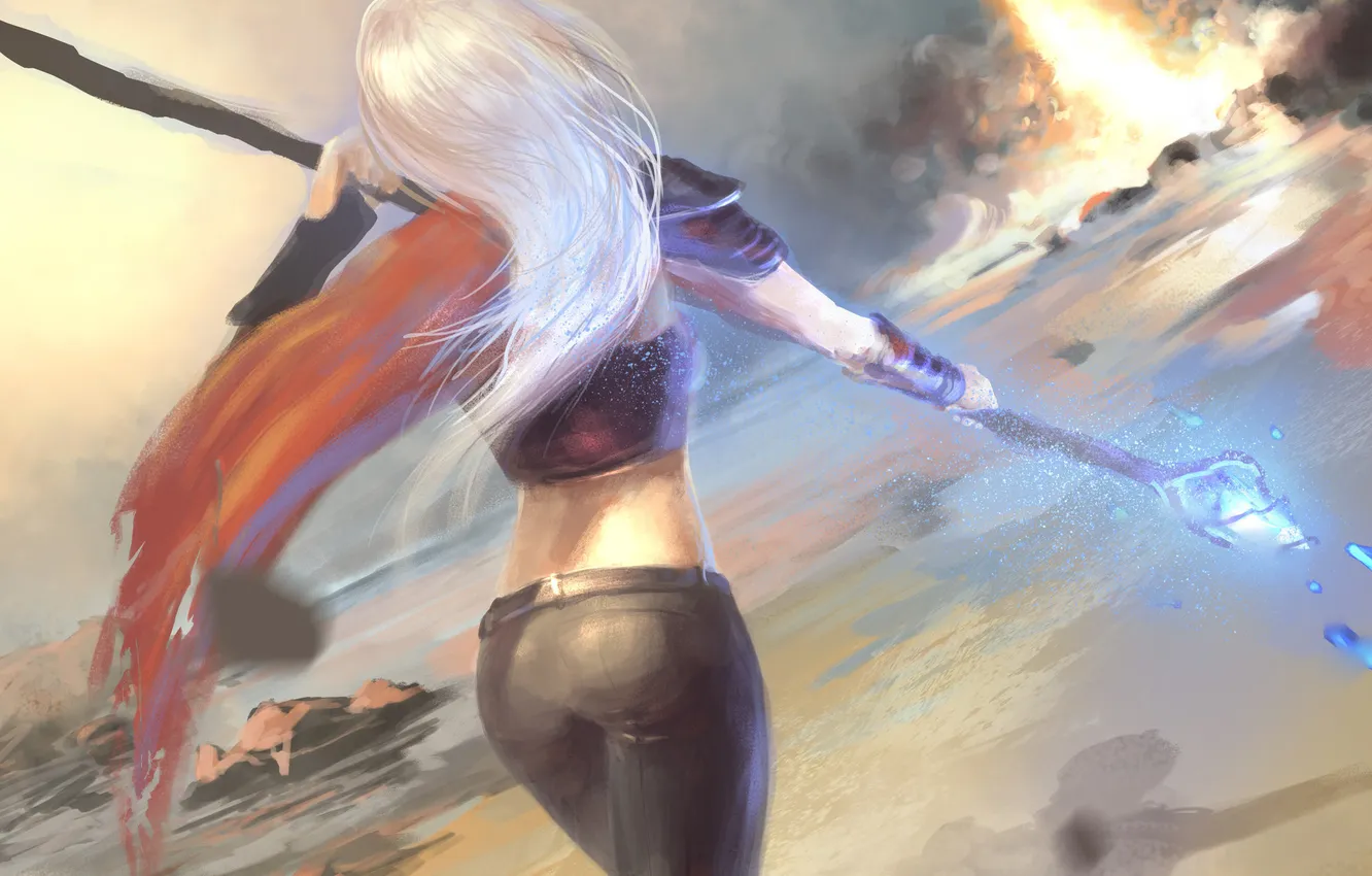 Photo wallpaper girl, fiction, magic, hair, back, art, staff