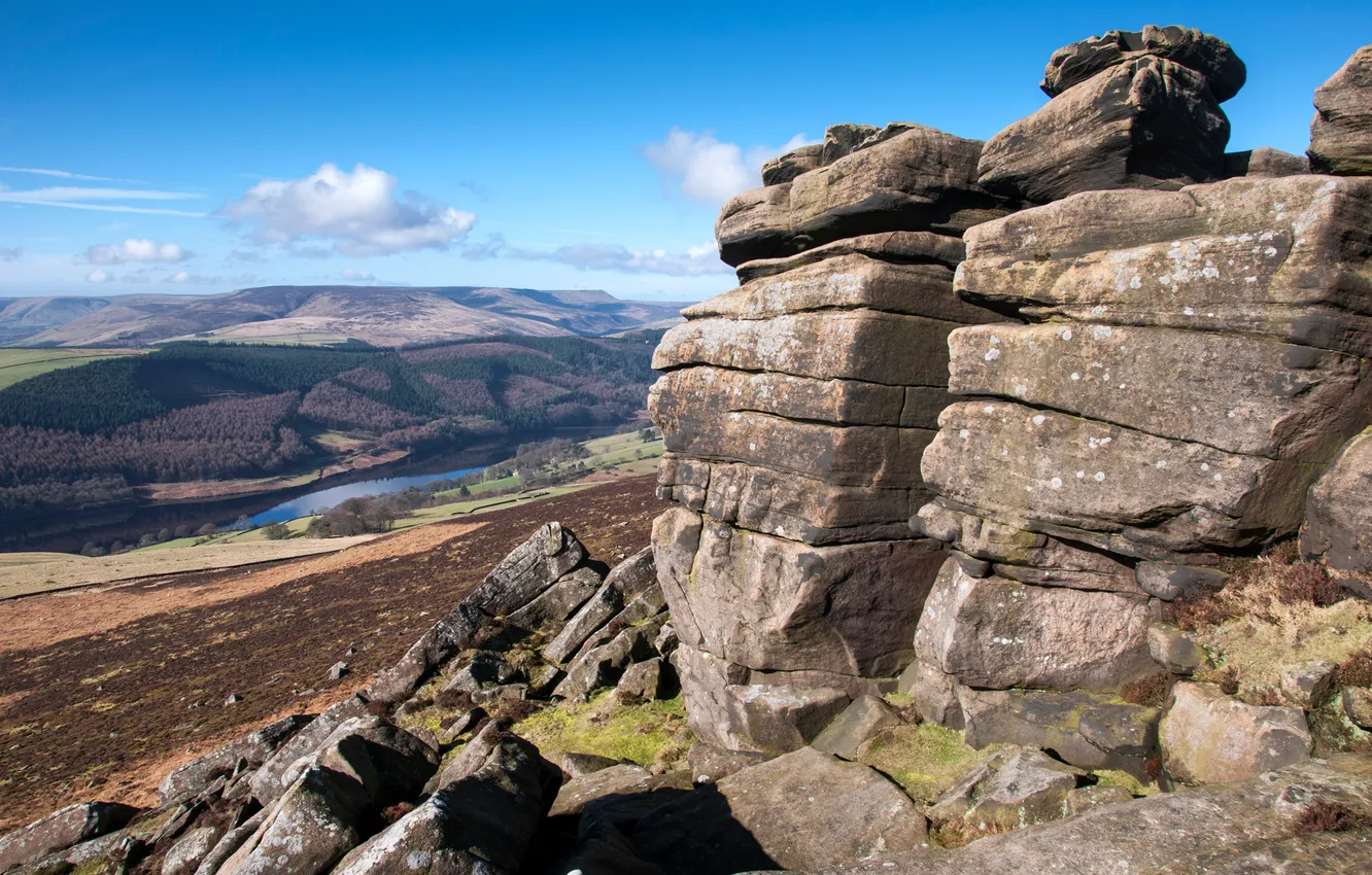 Photo wallpaper the sky, clouds, mountains, river, stones, rocks, valley