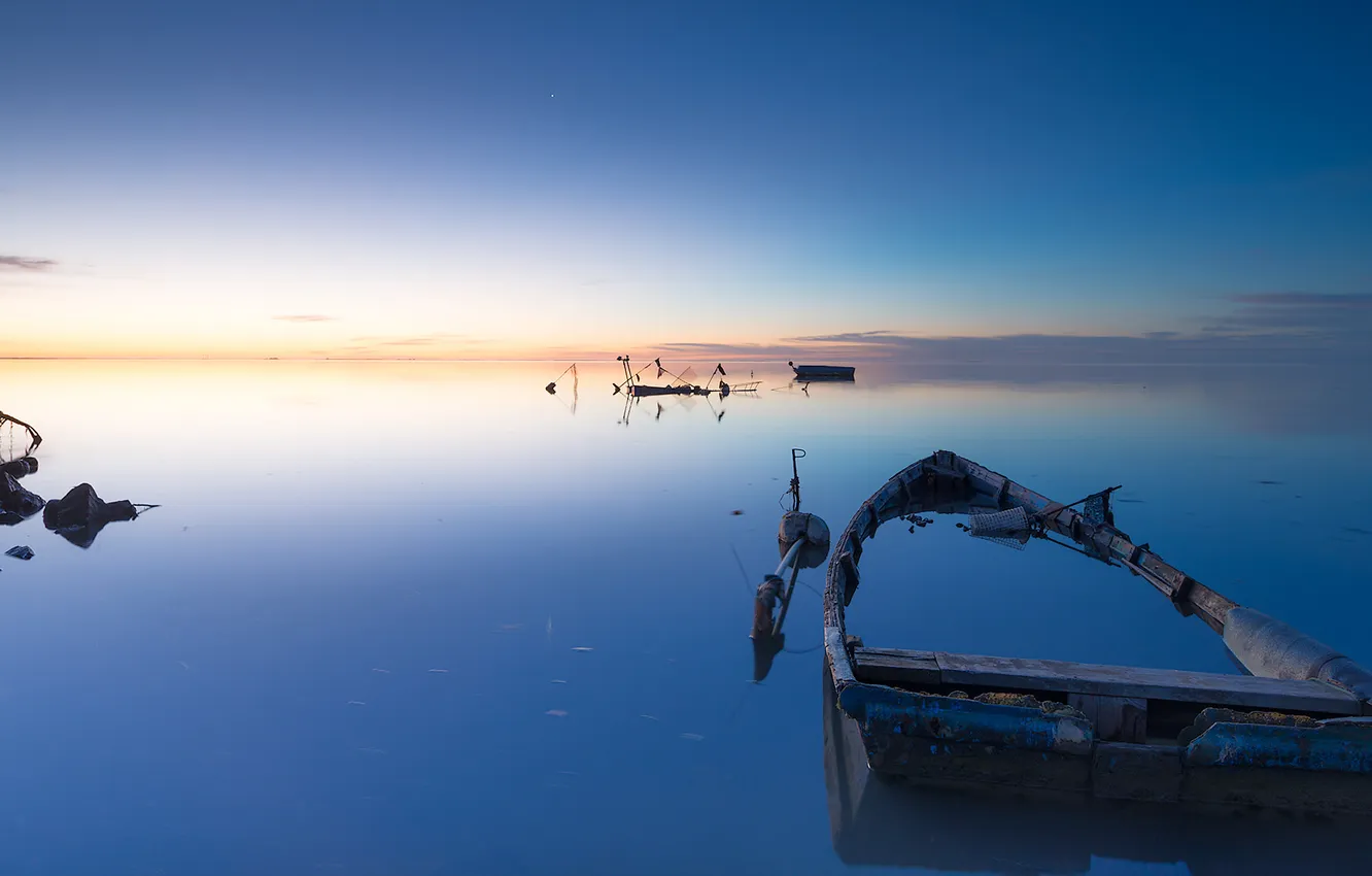 Photo wallpaper sea, the sky, clouds, sunset, boat, horizon
