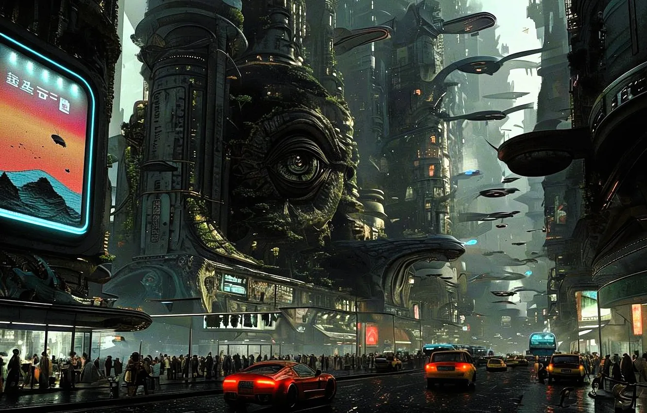 Photo wallpaper machine, future, fiction, skyscrapers, pedestrians, the futuristic, the city of the future, fantastic art
