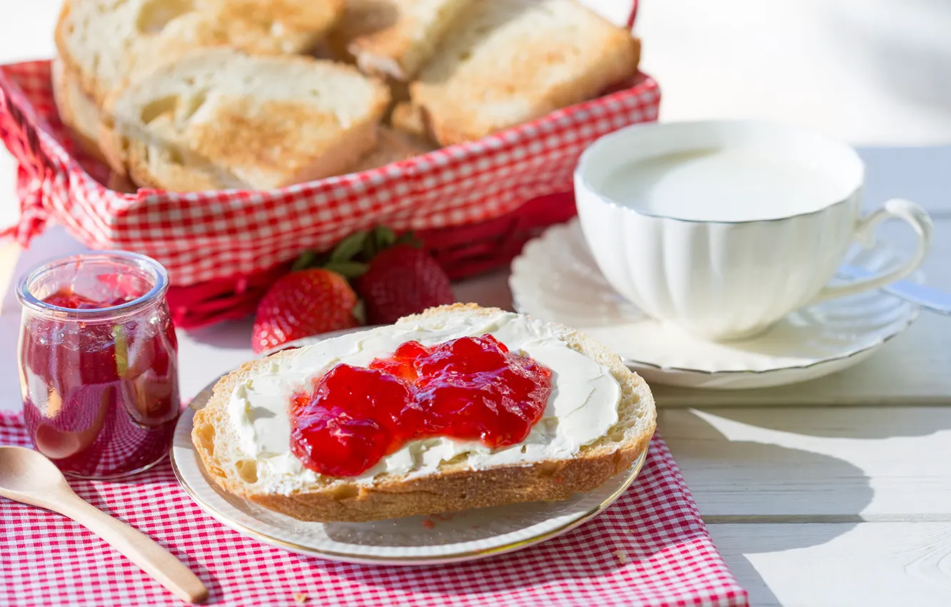 Photo wallpaper food, Breakfast, cheese, milk, bread, sandwich, jam, bread