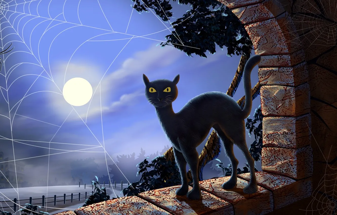 Photo wallpaper night, web, the full moon, black cat, yellow eyes, black magic