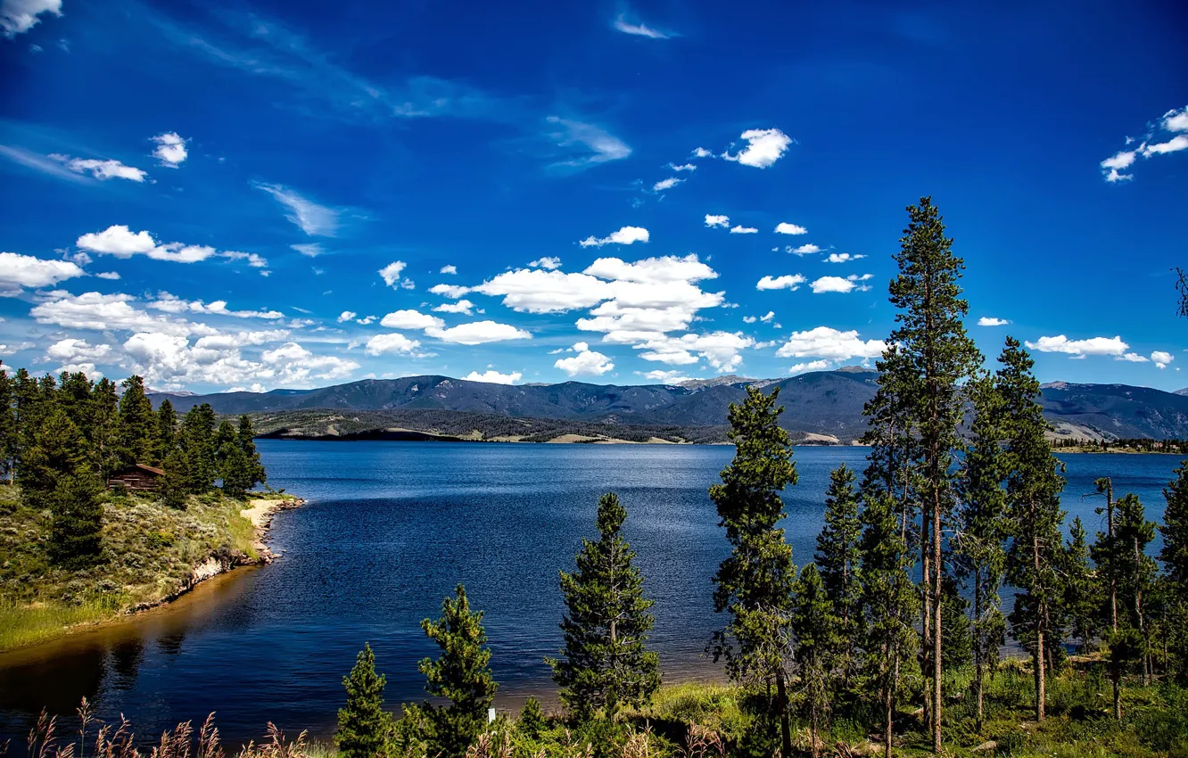 Photo wallpaper summer, the sky, water, trees, mountains, lake