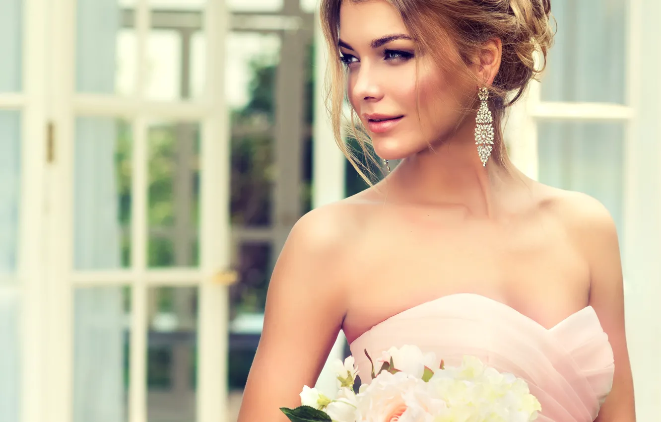 Photo wallpaper look, girl, bouquet, makeup, hairstyle, the bride, wedding, Sofia Zhuravets'