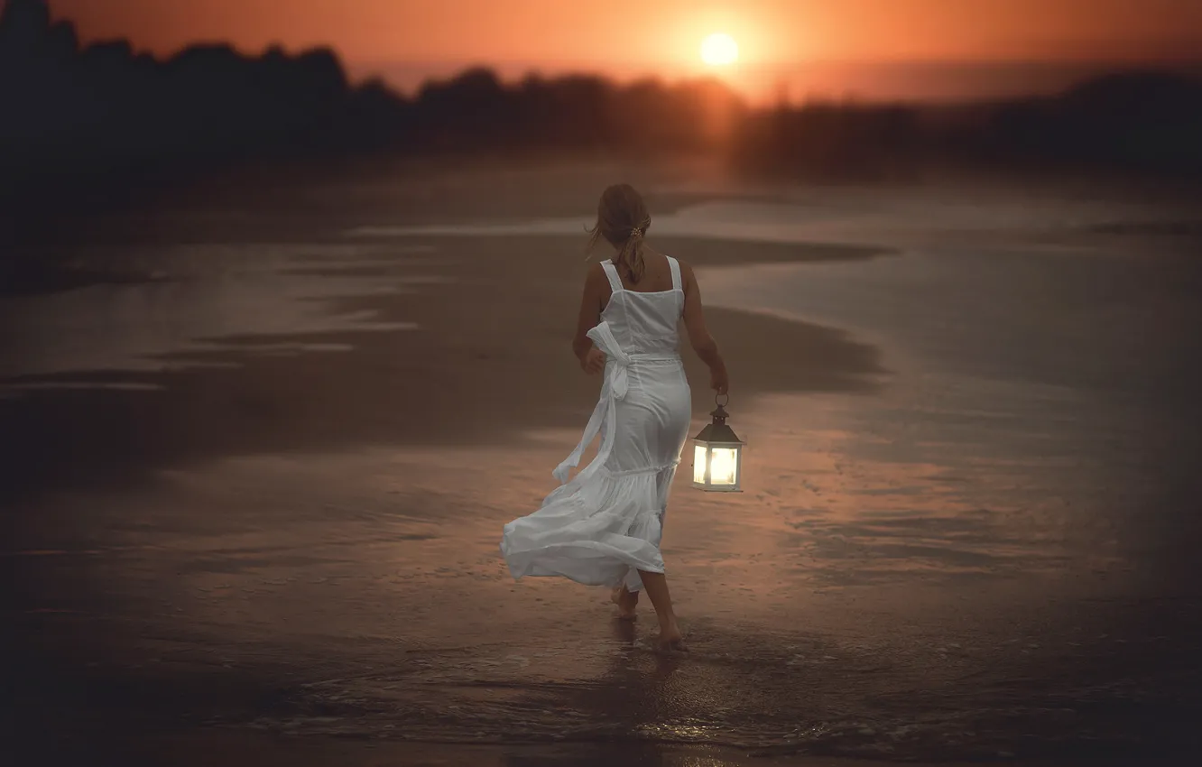 Photo wallpaper sea, forest, beach, girl, the sun, light, sunset, shore