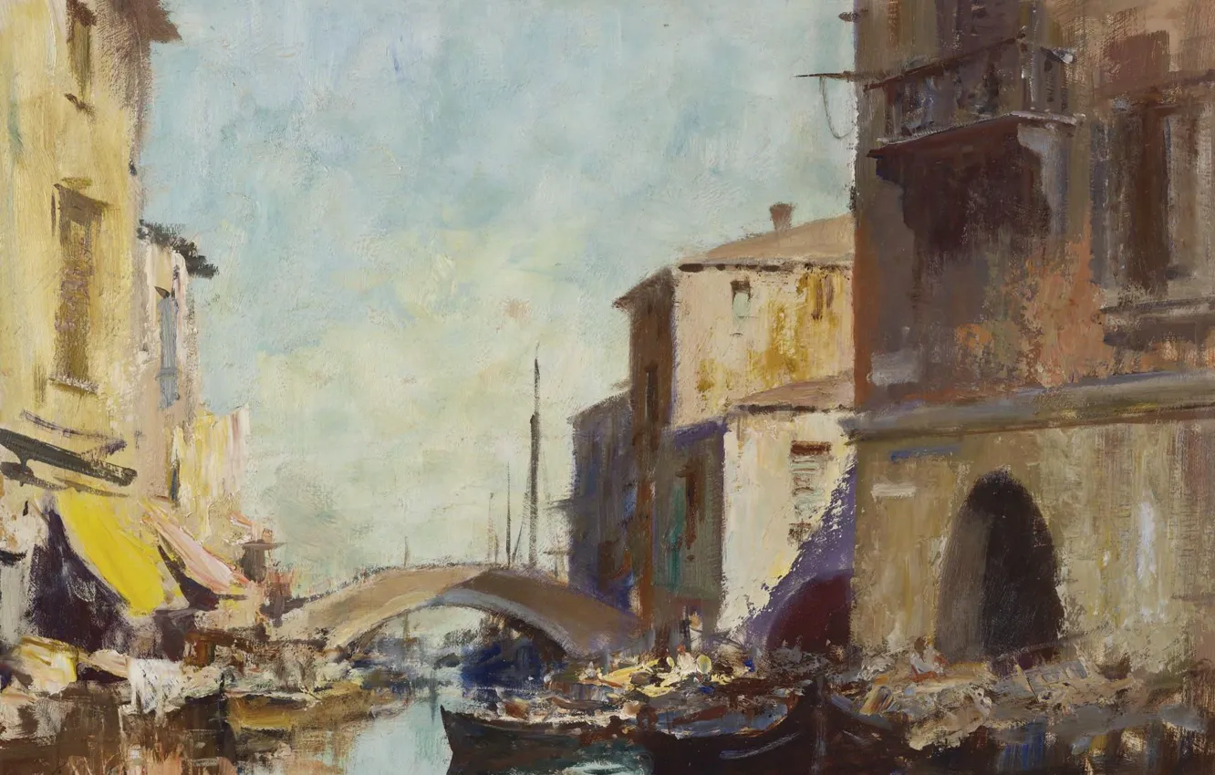 Photo wallpaper bridge, home, picture, channel, the urban landscape, Edward Seago, The Morning Sunshine. Chioggia