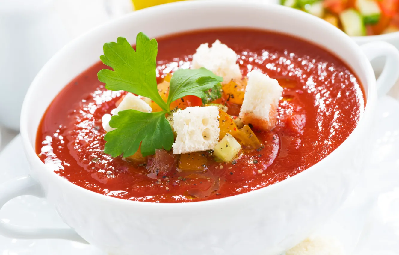 Photo wallpaper soup, vegetables, tomato, crackers, gazpacho