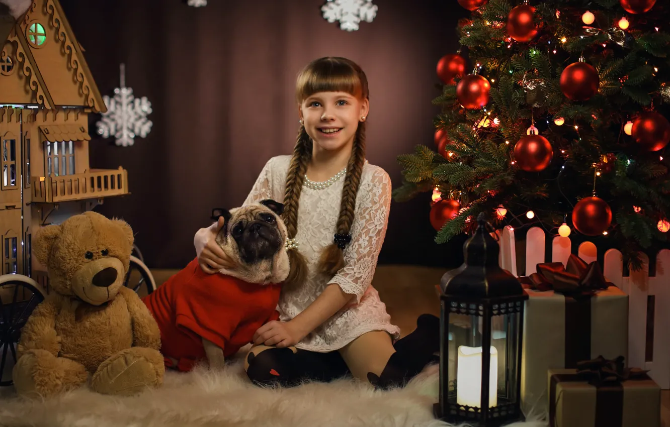 Photo wallpaper smile, mood, dog, Christmas, girl, lantern, gifts, pug