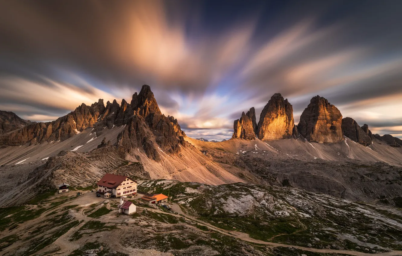 Photo wallpaper home, house, mountains, road, The Dolomites, rocks, slope