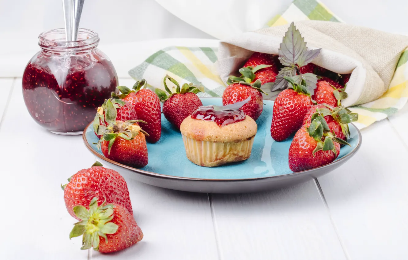 Photo wallpaper berries, strawberry, jam, cupcakes