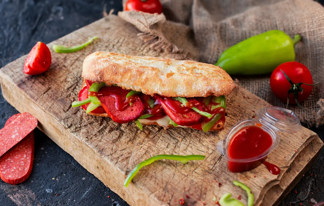 Photo wallpaper bread, pepper, vegetables, sauce, tomatoes, sausage, ketchup, sandwich