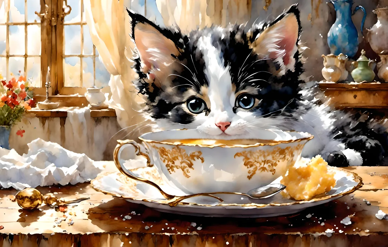 Photo wallpaper cat, look, light, pose, table, window, kitchen, spoon