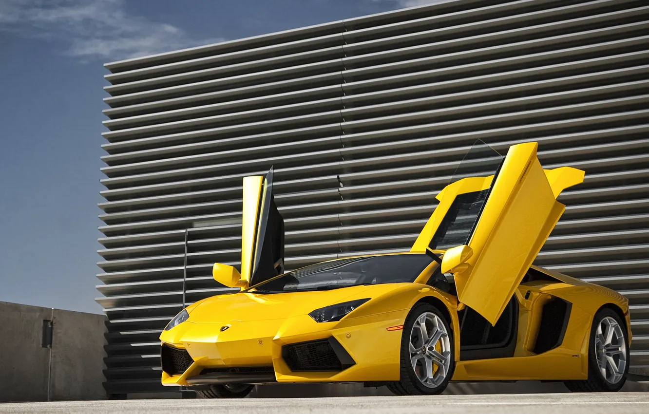 Photo wallpaper the sky, yellow, Lamborghini, supercar, supercar, sky, yellow, aventador