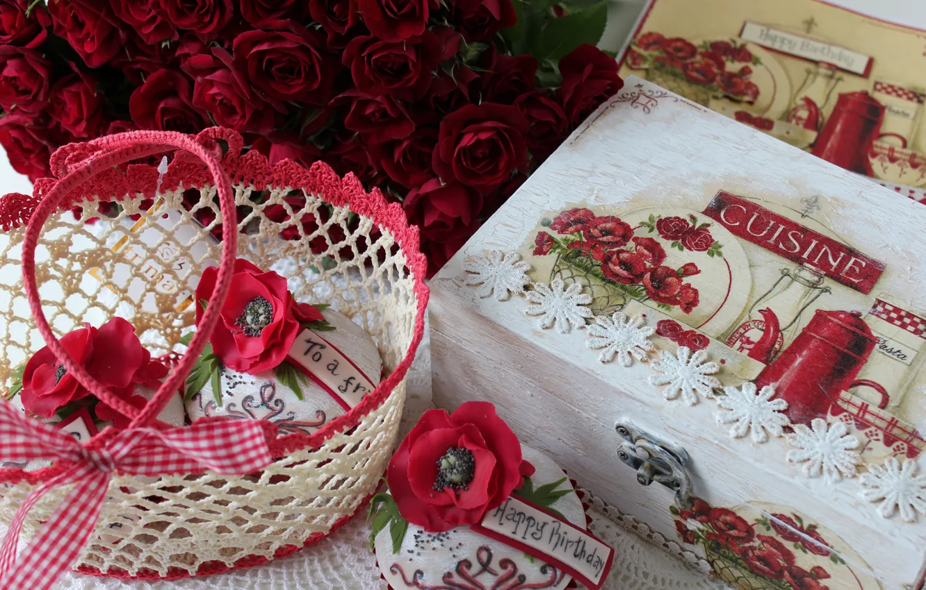 Photo wallpaper flower, flowers, the sweetness, roses, box, cake