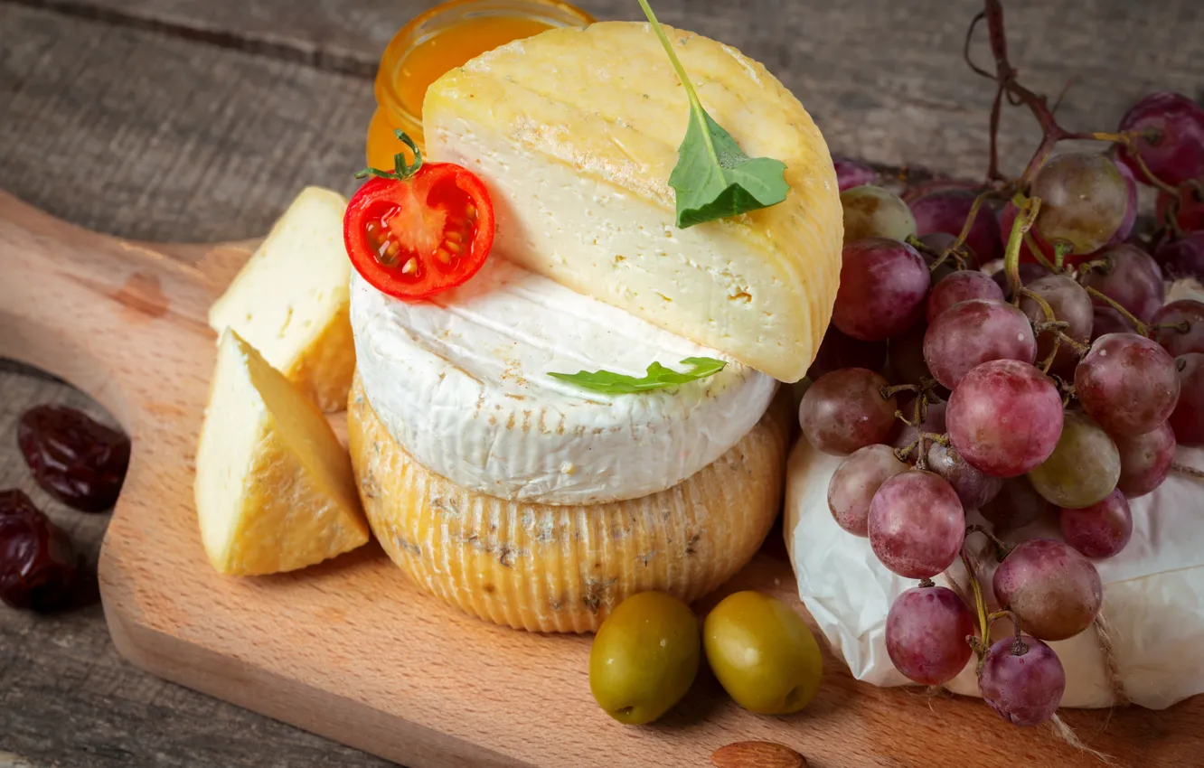 Photo wallpaper cheese, grapes, olives, Cheri, tomatoes