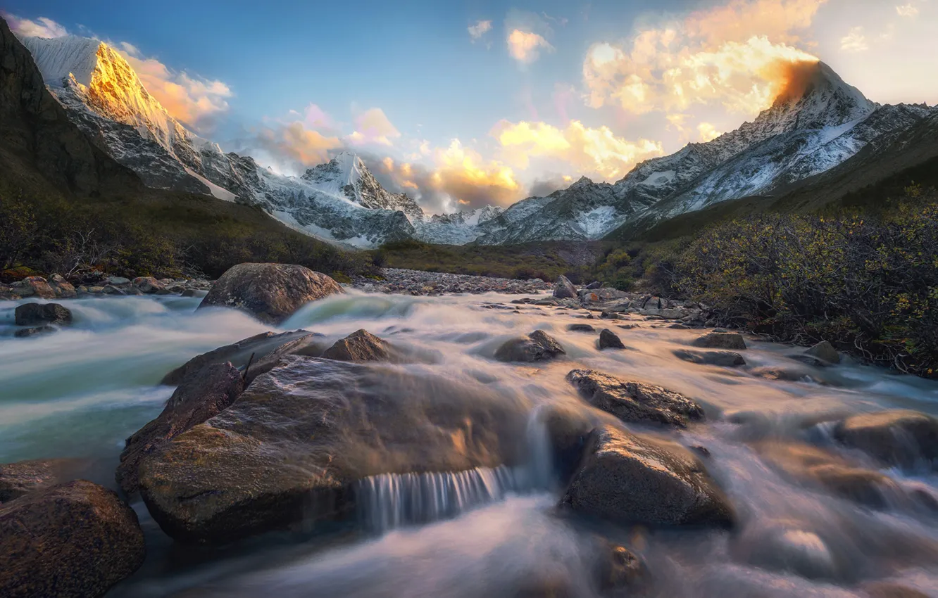 Photo wallpaper the sky, water, clouds, mountains, river, stones, dawn, for