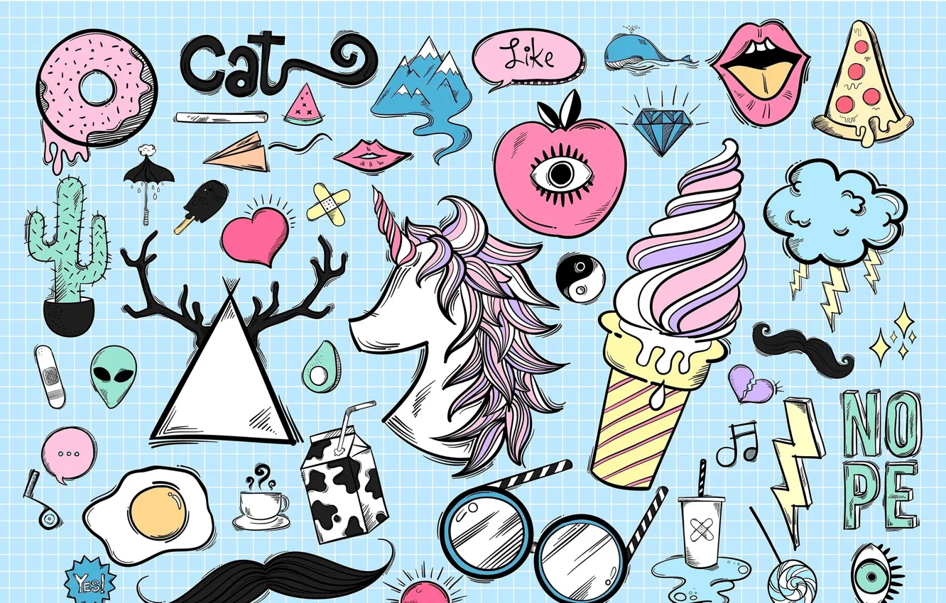 Photo wallpaper figure, milk, glasses, unicorn, ice cream, hearts