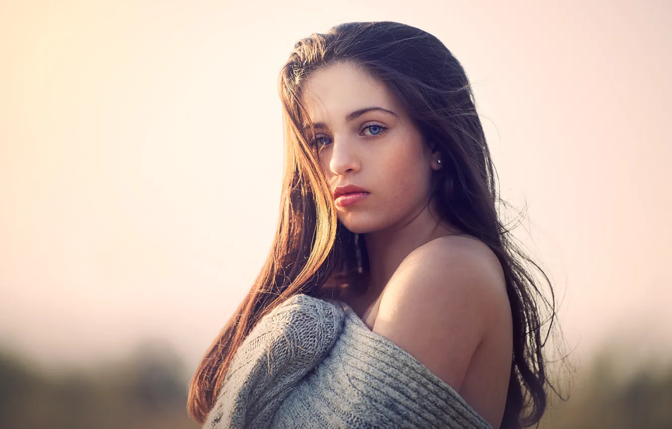 Photo wallpaper girl, shoulders, sweater, The Grey Sweater