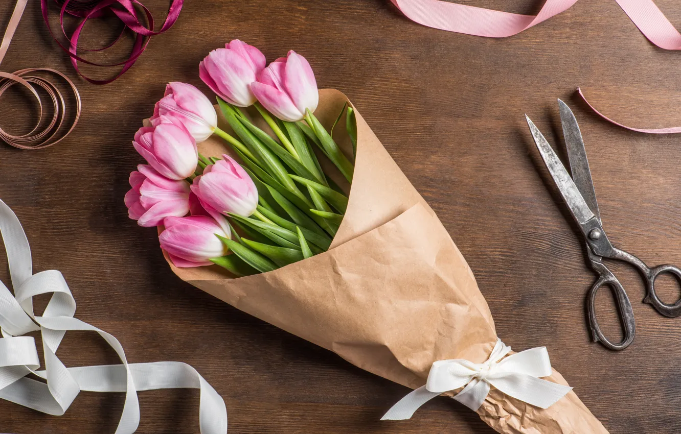Photo wallpaper flowers, bouquet, tape, tulips, flowers, scissors, tulips, bouquet