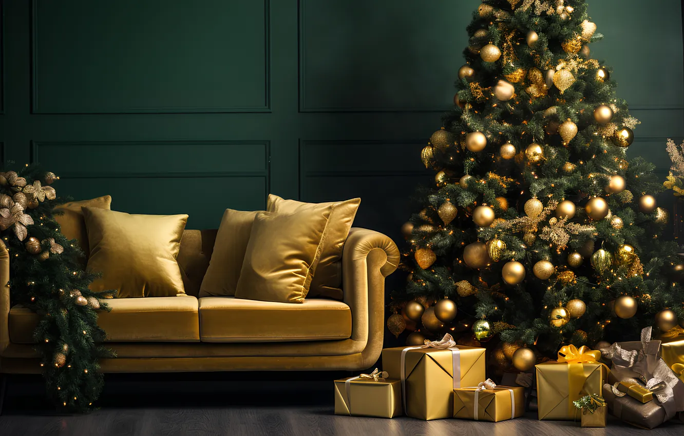 Photo wallpaper decoration, room, balls, tree, interior, Christmas, gifts, New year