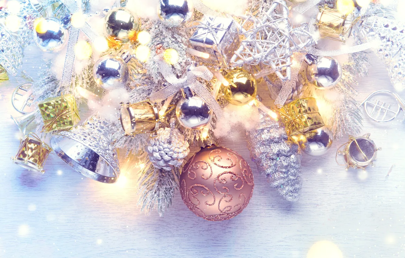 Photo wallpaper holiday, balls, toys, new year, beads, bells, fir-tree branches