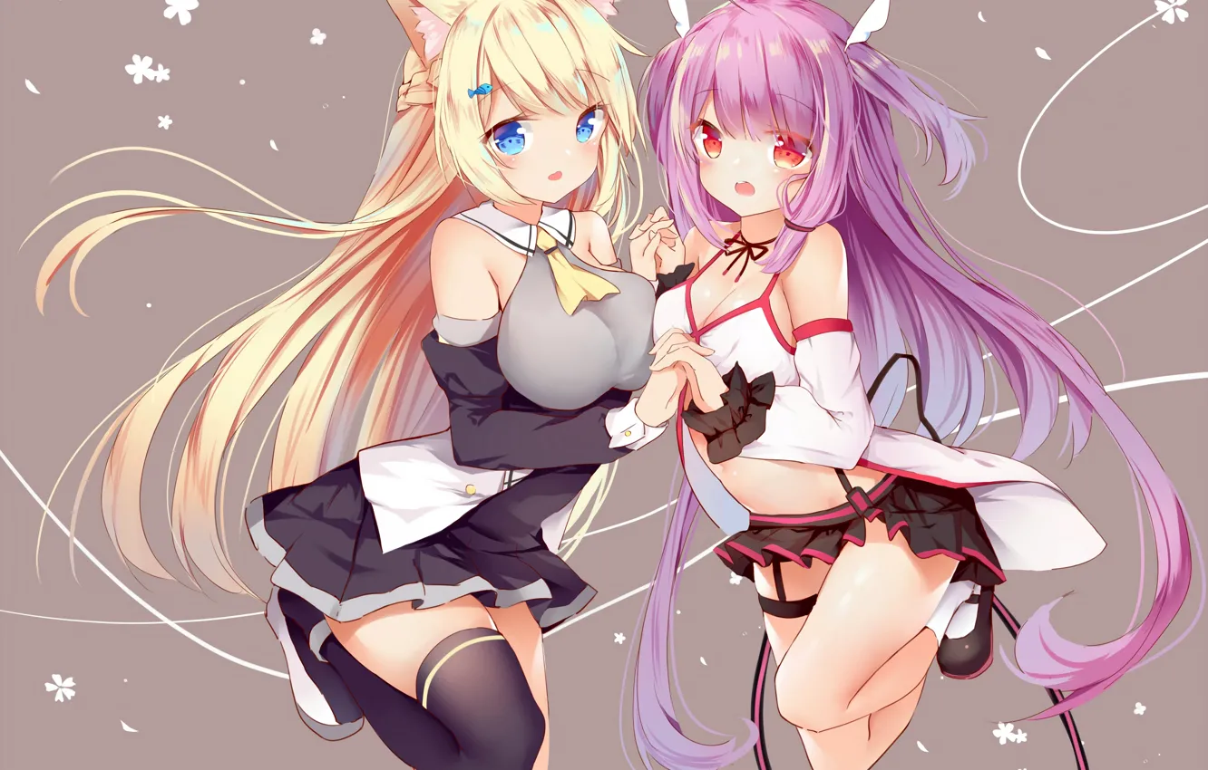 Photo wallpaper sexy, cleavage, blouse, thighhighs, pink hair, long hair, legs, girls