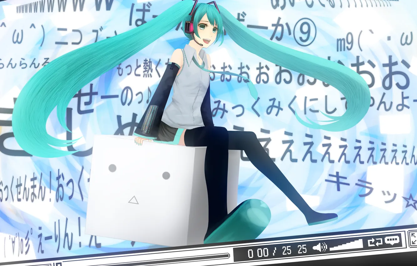 Photo wallpaper look, girl, smile, headphones, characters, cube, vocaloid, hatsune miku