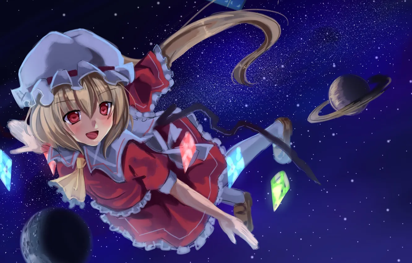 Photo wallpaper the sky, girl, space, stars, planet, wings, Saturn, art