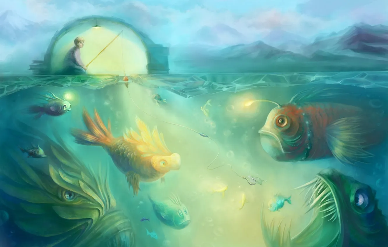 Photo wallpaper sea, fishing, fish, art, monster, rod