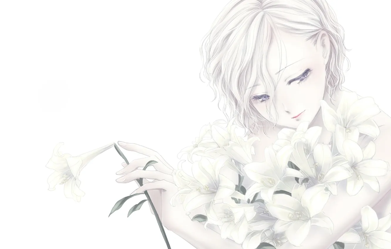 Photo wallpaper girl, smile, Lily, bouquet