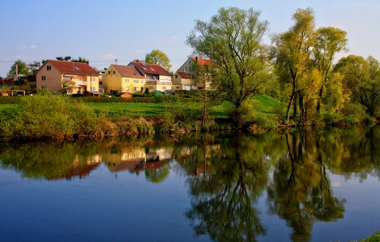 Photo wallpaper trees, the city, river, photo, home, Germany, Ulm