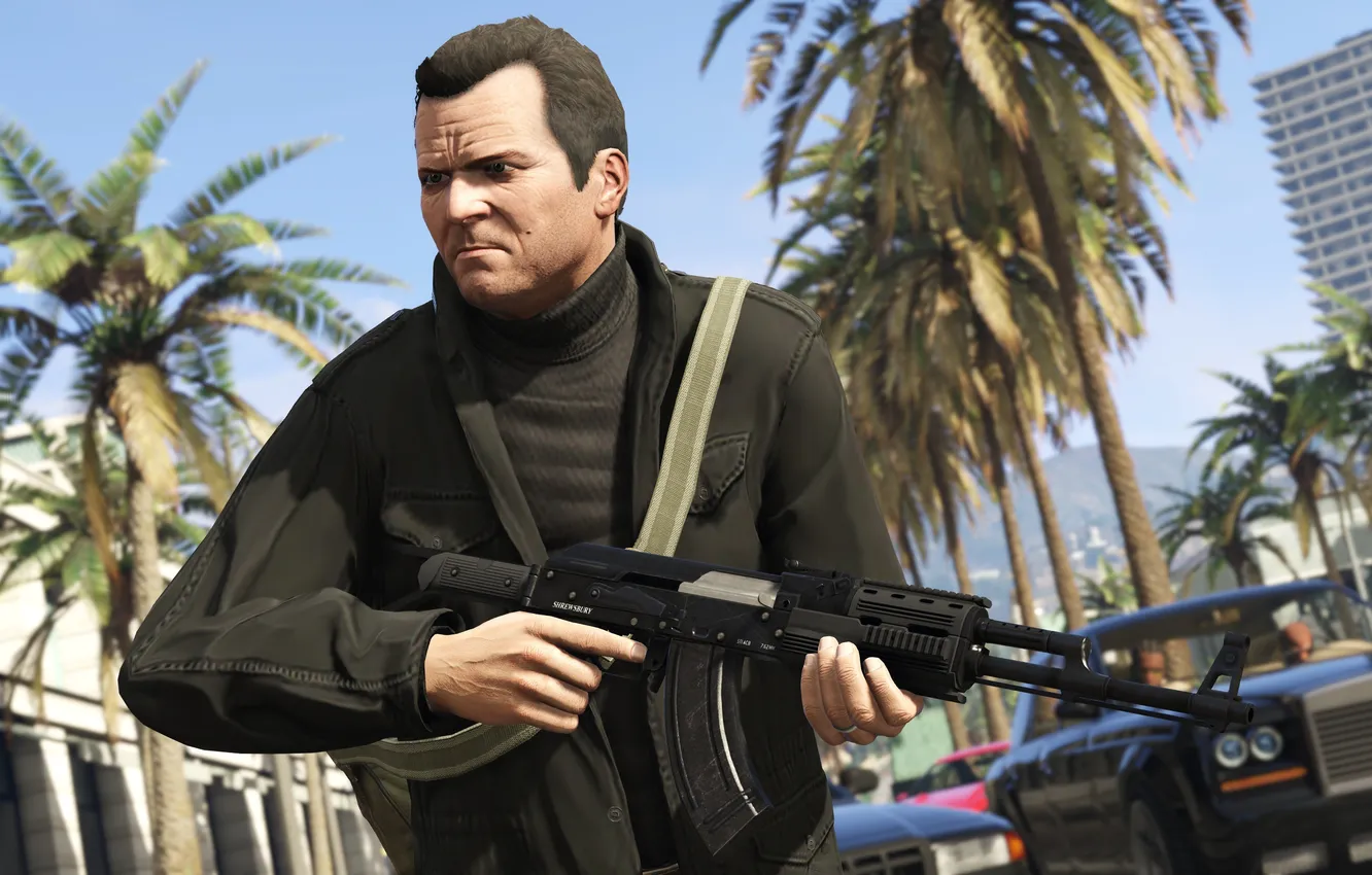 Photo wallpaper weapons, Michael, Kalash, gta 5