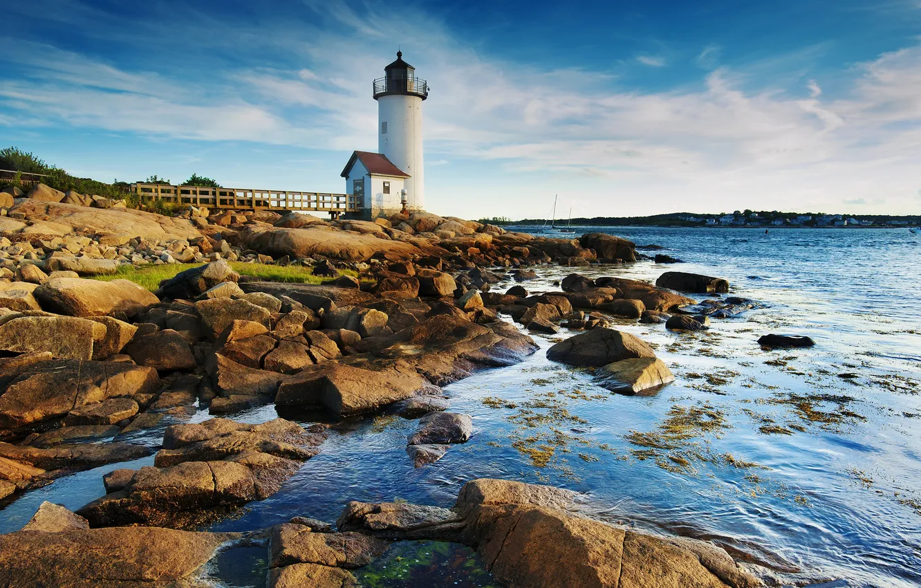 Photo wallpaper sea, stones, coast, lighthouse