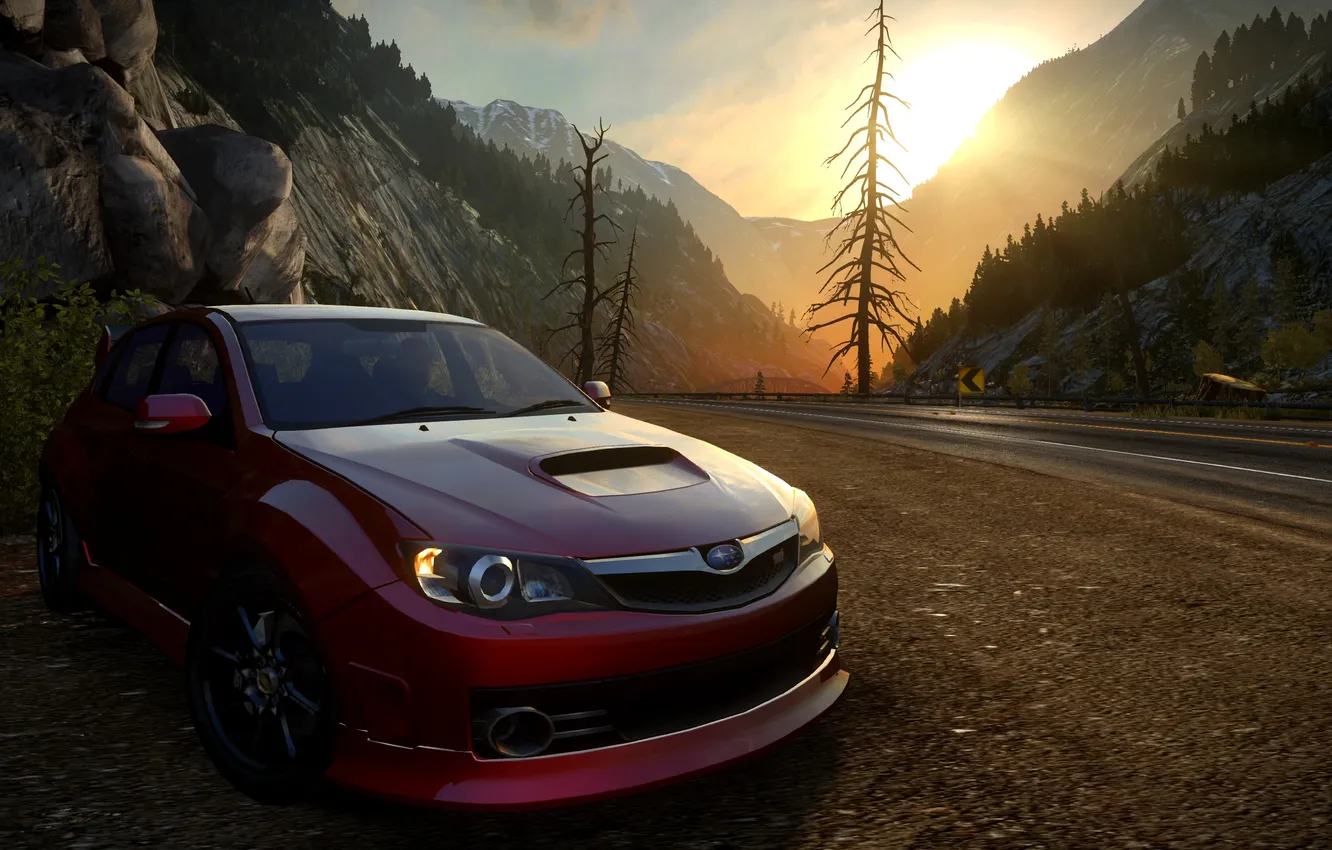 Photo wallpaper road, sunset, mountains, Need for Speed The Run, Subaru Impreza WRC
