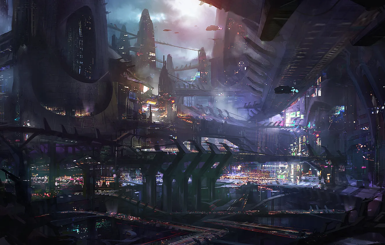 Photo wallpaper night, the city, lights, transport, ship, megapolis, Concept Art, Prey 2