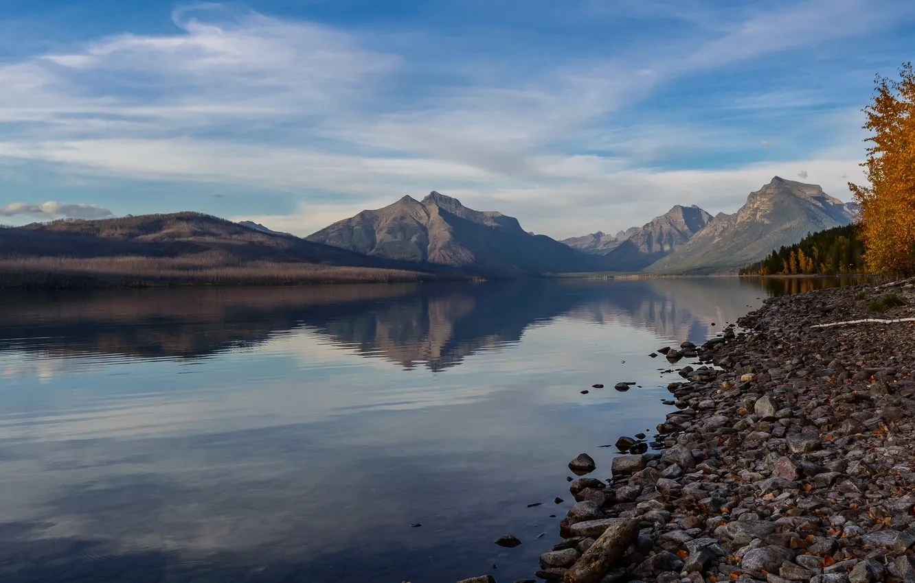Photo wallpaper autumn, mountains, calm, Montana, USA, Sunny day, Glacier national Park, Lake McDonald