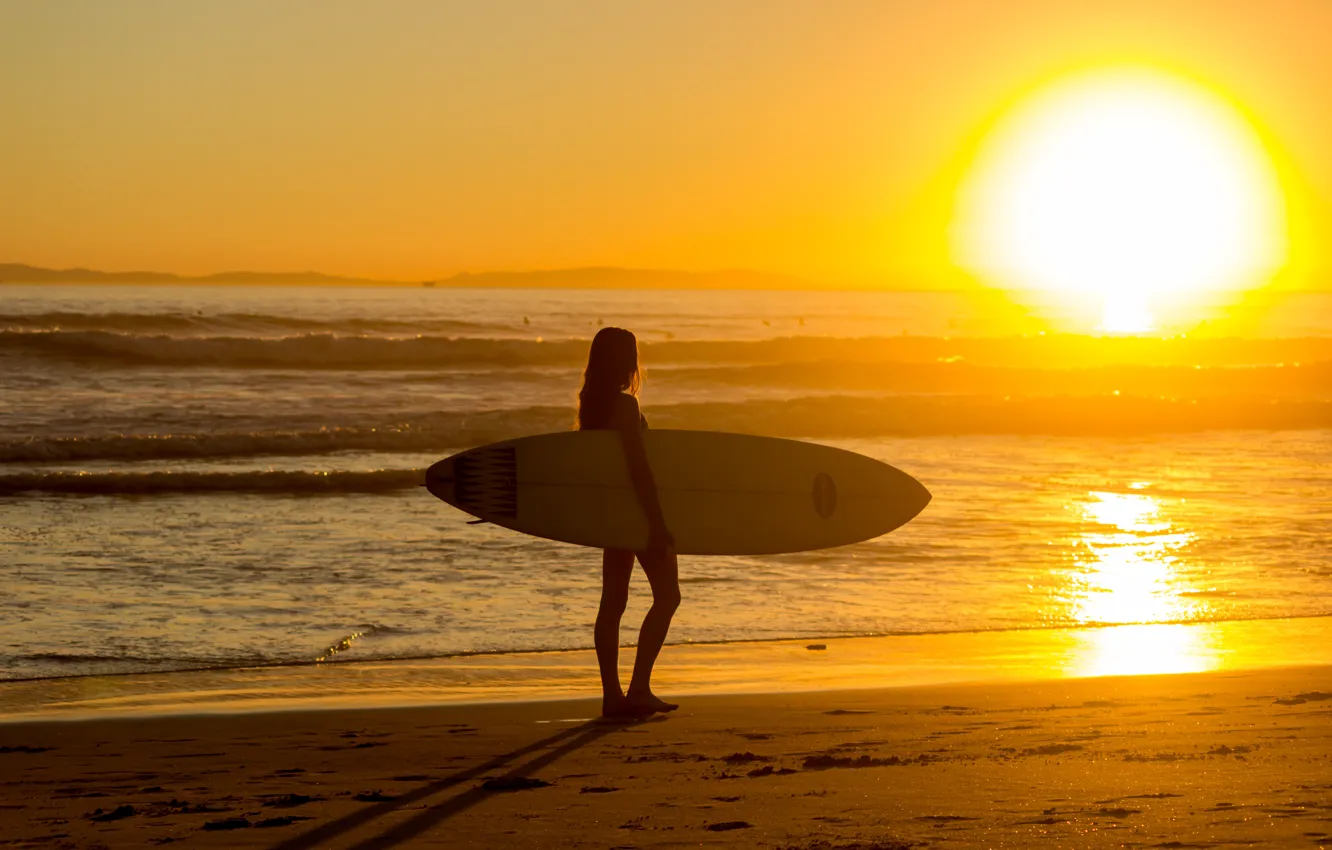 Photo wallpaper sea, summer, girl, dawn, Board surfer