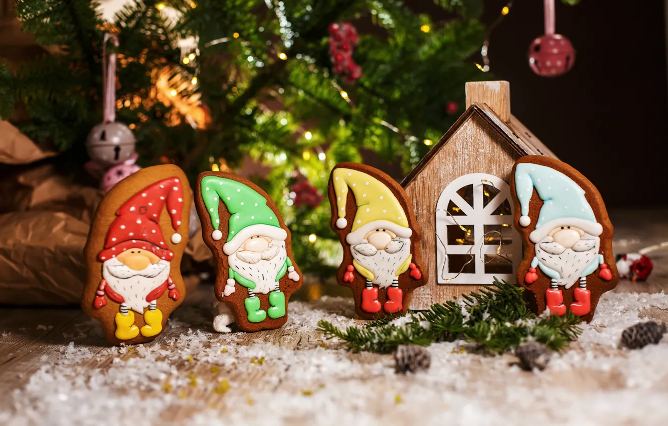 Photo wallpaper holiday, new year, Christmas, house, figures, decor, composition, gingerbread